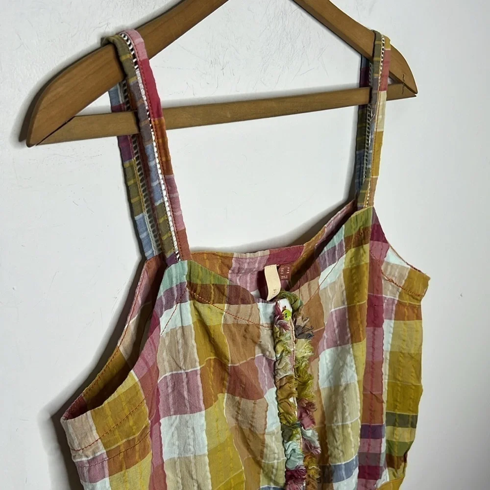 PILCRO Gingham Boho Plaid Button Down Cropped Smock Back Tank Top Blouse - Picture 4 of 14